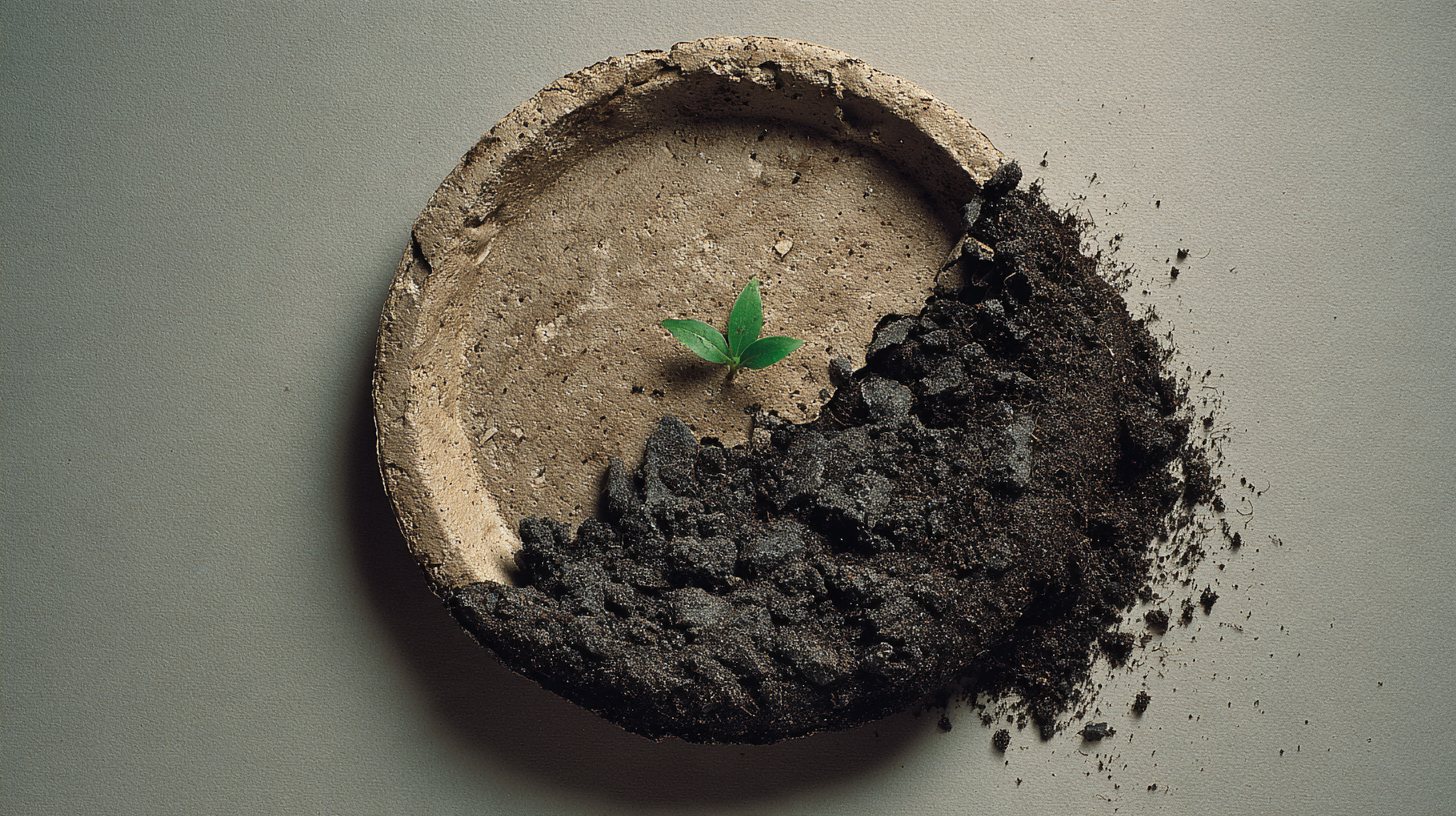 A fibre plate breaking down into dark soil with a green sprout