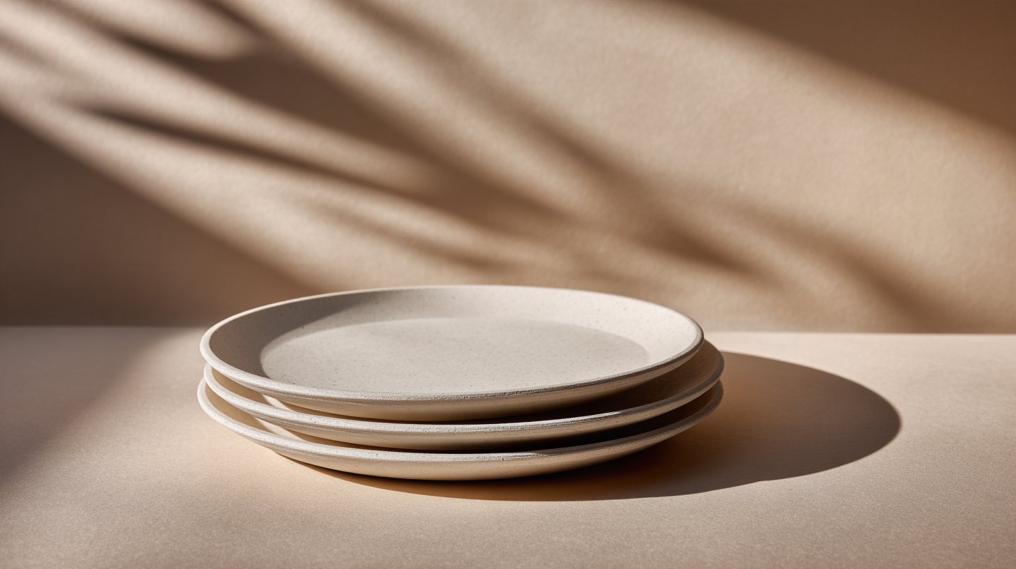 A stack of unbleached sugarcane-fibre plates on an ash-grey ground